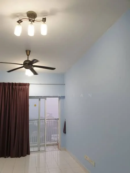 Room features: light fixture with three bulbs, 5-blade ceiling fan, blue painted walls, sliding glass door, floor-to-ceiling windows, brown curtains, white tile flooring, balcony view; style: modern; view: city.
