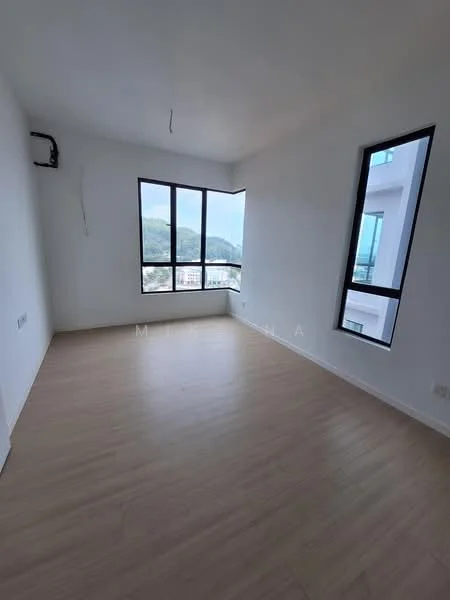 Room features: light wood flooring, white painted walls, floor-to-ceiling windows, mountain view, one wall-mounted split AC, no visible furniture or decor; style: modern; view: mountain.