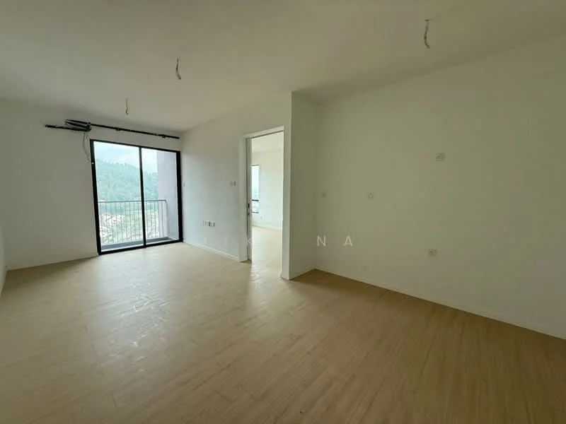 Living features: light wood flooring, white painted walls, floor-to-ceiling windows, balcony access, no visible ceiling fixtures, open layout, mountain view, neutral decor; style: modern; view: mountain.