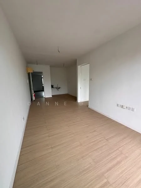 Room features: light wood laminate flooring, white painted walls, recessed ceiling lights, open layout, single door, wall-mounted electrical outlets, no visible furniture, large windows, neutral color scheme; style: modern.