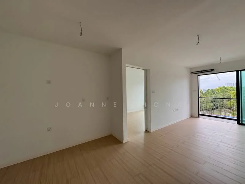 Room features: white painted walls, light wood flooring, floor-to-ceiling windows, sliding glass door, balcony access, no visible ceiling fixtures, neutral color scheme, open layout; style: modern; view: garden.