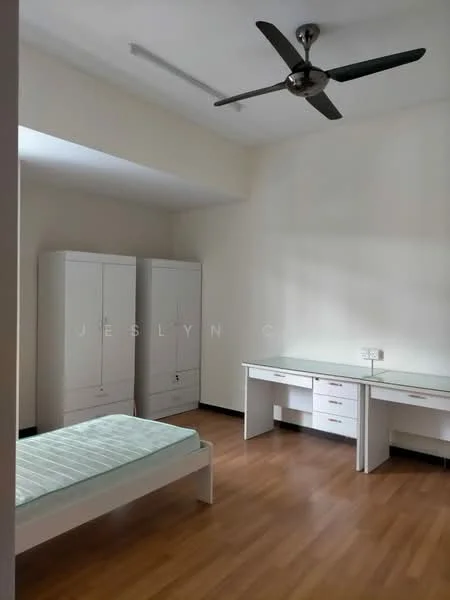 Bedroom features: wooden flooring, white painted walls, ceiling fan, built-in wardrobe, study desk, white desk with drawers, single bed frame, window with natural light; style: minimalist.