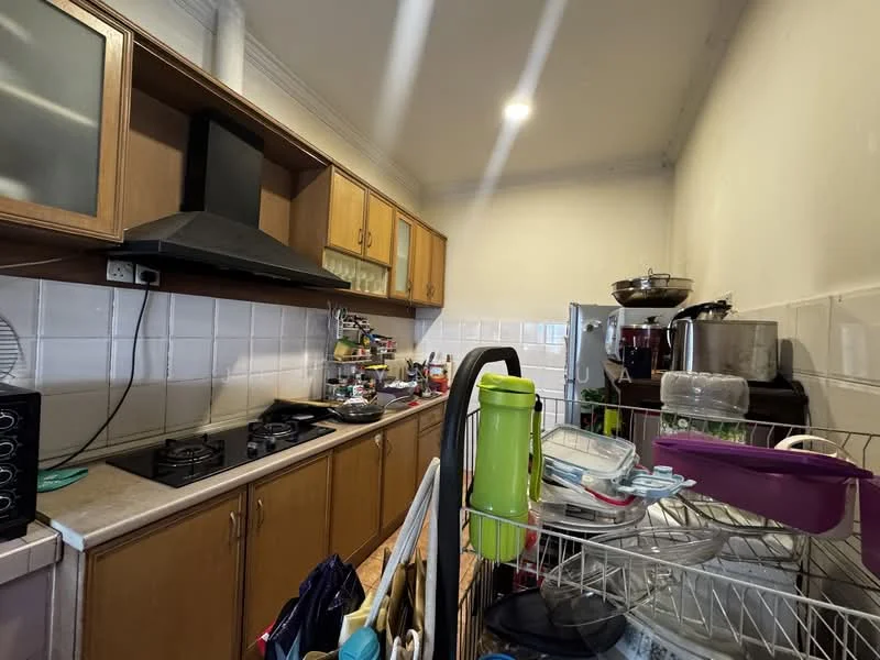 Kitchen features: wood cabinetry, white tiled backsplash, granite countertop, stainless-steel gas hob, stainless-steel range hood, built-in oven, refrigerator, sink, dish rack, various kitchen appliances, kitchen utensils, open shelving, wall-mounted storage.