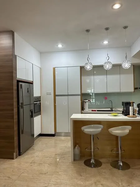 Kitchen features: stainless-steel fridge, built-in oven, white cabinetry, wooden cabinetry, marble countertop, pendant lighting, bar stools, ceramic tile flooring, glass backsplash, sink, kitchen island; style: modern.