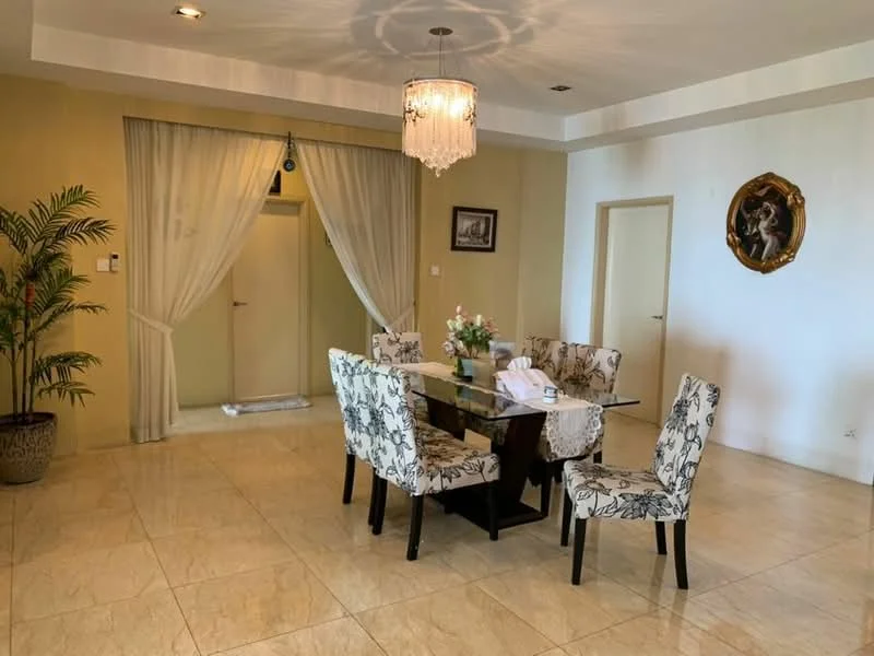 Dining features: marble tile flooring, cream painted walls, chandelier, dining table with glass top, 4 upholstered dining chairs with floral pattern, decorative wall art, potted plant, sheer curtains, double doors, framed artwork; style: modern.