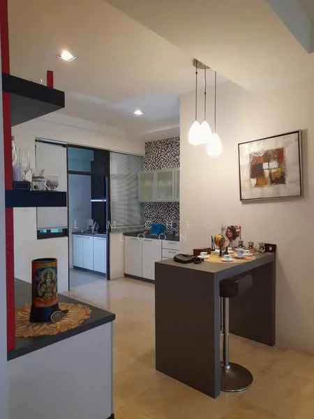 Kitchen features: white cabinetry, black countertop, stainless-steel appliances, pendant lighting, open shelving, back wall with patterned tiles, bar counter with stools, ceramic tile flooring, recessed ceiling lights, window with sheer curtains; style: modern. Dining features: bar counter with stools, decorative artwork on wall, tabletop decor, open layout to kitchen; style: modern.