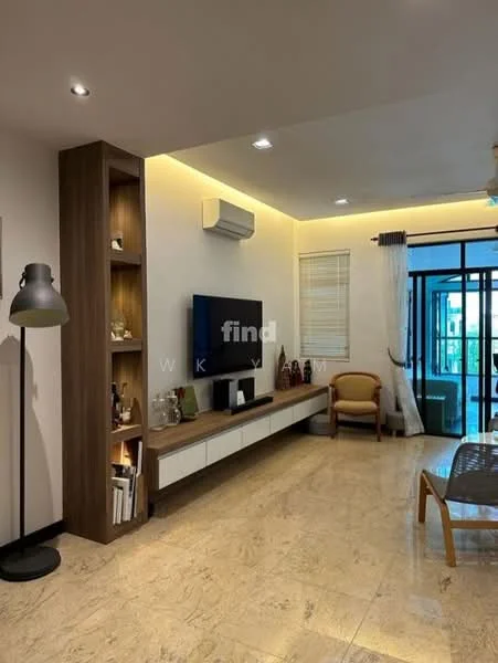 Living features: cream painted walls, marble flooring, recessed downlights, wall-mounted TV, wooden TV console, open shelving unit, floor-to-ceiling windows, sliding glass door, sheer curtains, ceiling-mounted air conditioning unit, decorative plants, area rug, light-colored sofa, coffee table; style: modern; view: garden.