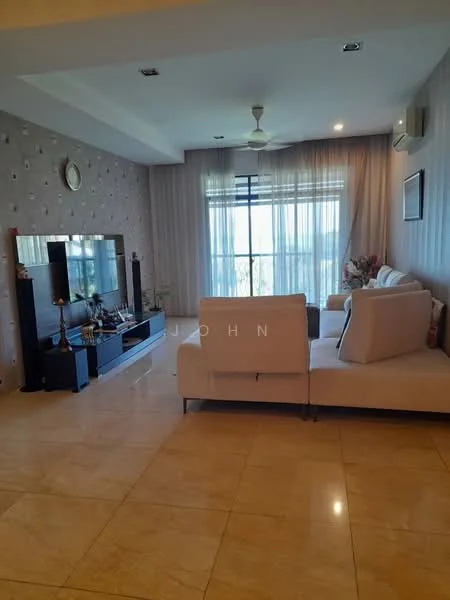 Living features: cream painted walls, marble tile flooring, 5-blade ceiling fan with light, floor-to-ceiling windows, sheer curtains, L-shape sectional sofa in light beige, coffee table, TV console, wall-mounted TV, decorative wall clock, area rug; style: modern.