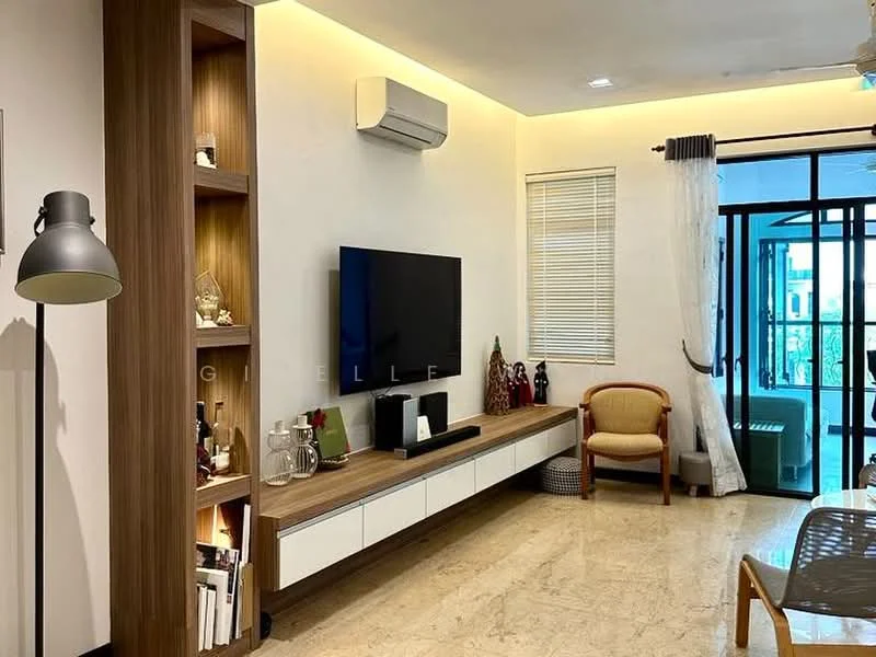 Living features: wall-mounted TV, wooden TV console, white cabinetry, marble flooring, recessed lighting, floor-to-ceiling windows, sheer curtains, air conditioning unit, decorative shelf with items, armchair, decorative figurines; style: modern.
