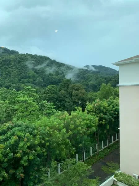 Exterior features: lush green trees, dense foliage, misty mountains in background, paved pathway, fence along property line, cloudy sky.