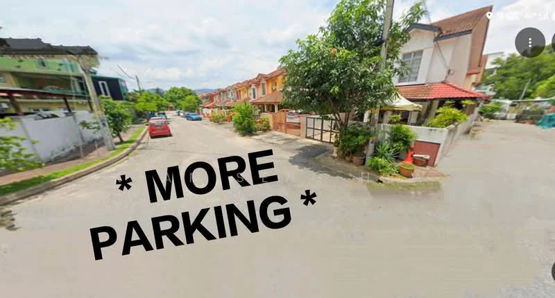 Exterior type: linked terrace house; features: residential street view, manicured lawns, mature trees, driveway with interlocking pavers, two-storey houses, covered car porch, street parking available; style: modern.