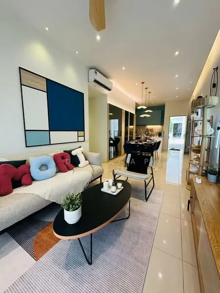 Living features: 3-seater fabric sofa in cream, decorative cushions in various colors, black coffee table with wooden legs, area rug with geometric pattern, wall-mounted air conditioning unit, framed artwork with abstract design, recessed downlights, pendant lighting above dining area, open layout connecting to dining area, wooden shelving unit, dining table with black chairs; style: modern.