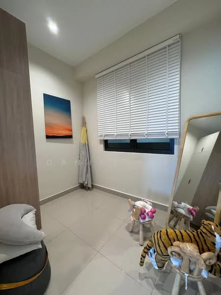 Room features: white painted walls, tile flooring, window with blinds, full-length mirror, decorative artwork, stuffed animal, small chair, corner shelving unit; style: modern.