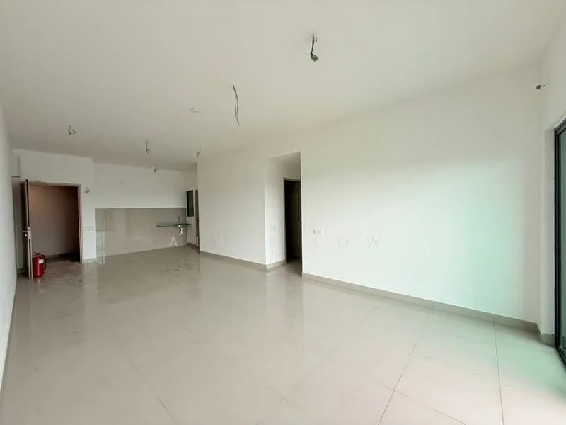 Room features: white painted walls, polished ceramic tile flooring, recessed downlights, open layout, large windows, fire extinguisher, unfinished ceiling with exposed wiring, kitchen area with countertop.