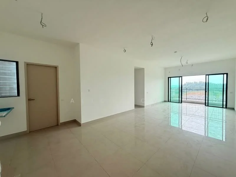 Room features: white painted walls, glossy tile flooring, large floor-to-ceiling windows, sliding glass door, recessed ceiling lights, multiple electrical outlets, open layout, balcony access; style: modern; view: garden.