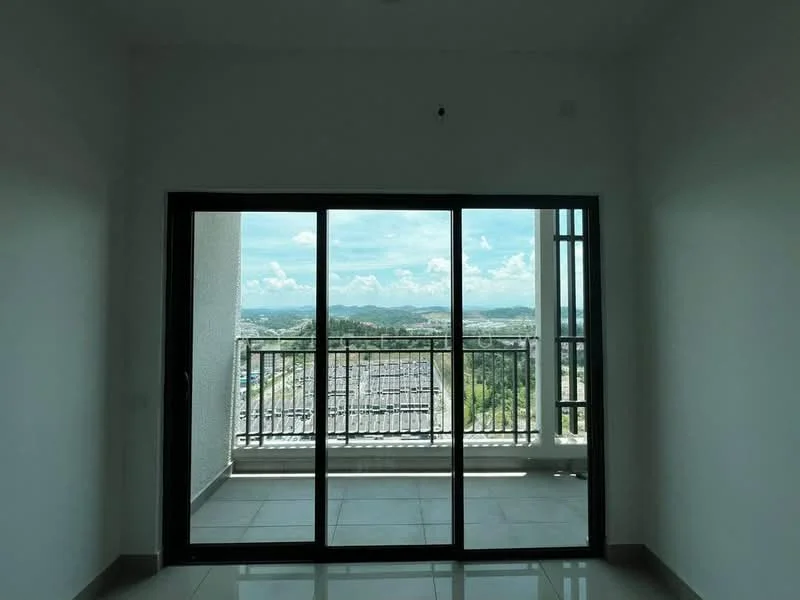 Room features: floor-to-ceiling sliding glass door, white painted walls, grey tiled flooring, balcony view, mountain view, city skyline view; style: modern; view: city.