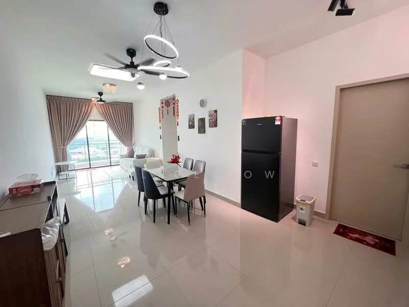 Living features: white painted walls, glossy tile flooring, 5-blade ceiling fan with integrated LED light, dining table with 4 chairs, black fridge, sofa, curtains, decorative wall art, floor-to-ceiling windows with city view; style: modern; view: city.