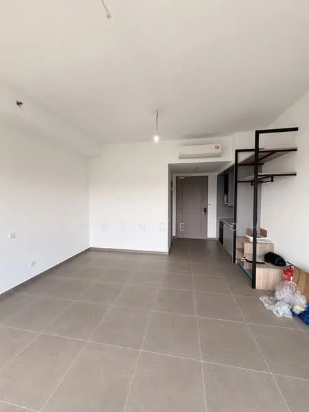 Room features: white painted walls, grey tiled flooring, 1 wall-mounted split AC, recessed downlights, open shelving unit, doorway leading to hallway, unfurnished space, large window with natural light; style: modern.