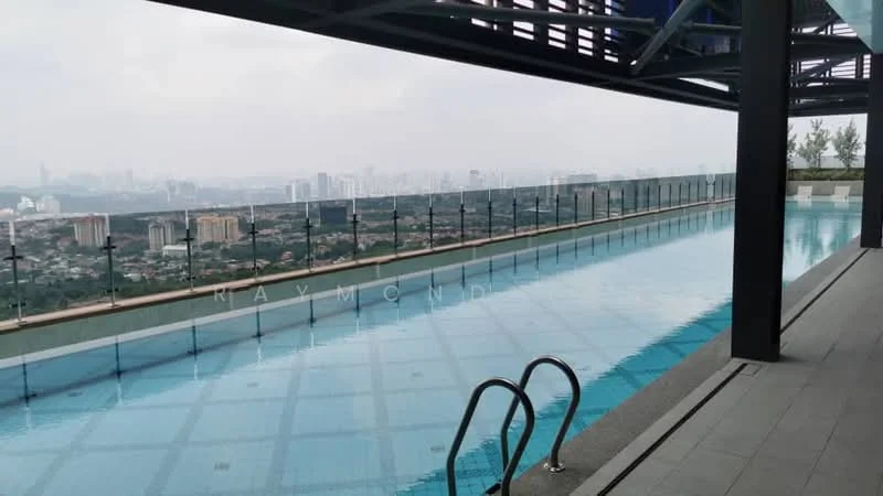 Exterior type: swimming pool deck; features: infinity pool, glass railing, city skyline view, pool deck with loungers, tiled pool surface, surrounding greenery, modern architectural structure, overhead canopy, outdoor seating area; style: modern.