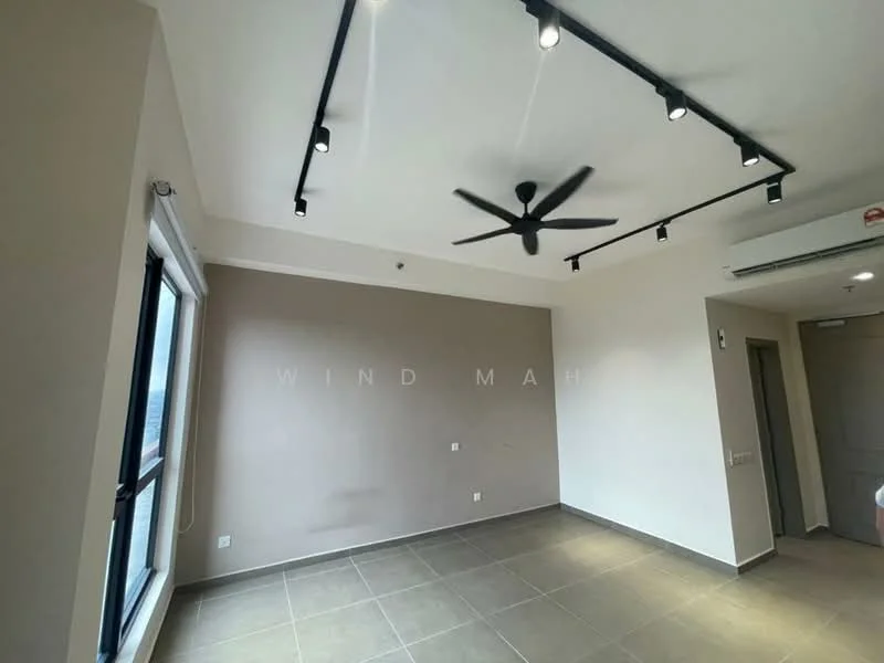 Room features: grey accent wall, white painted walls, recessed downlights, 5-blade ceiling fan, large window, tile flooring, doorway, air conditioning unit; style: modern.
