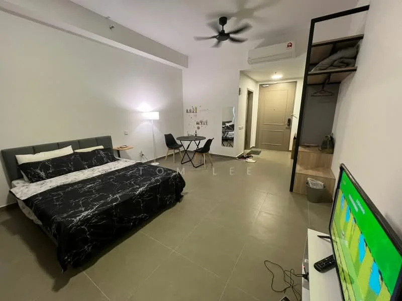 Room features: queen-size bed with black and white bedding, 2-seater dining table with black chairs, wall-mounted TV, ceiling fan, light grey walls, grey tiled flooring, built-in wardrobe, floor-to-ceiling windows, decorative wall art, open closet with shelves; style: modern.