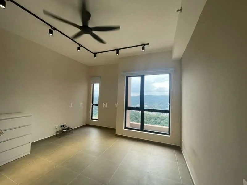 Room features: grey tile flooring, white painted walls, 5-blade ceiling fan with light, track lighting, floor-to-ceiling window, mountain view; style: modern; view: mountain.