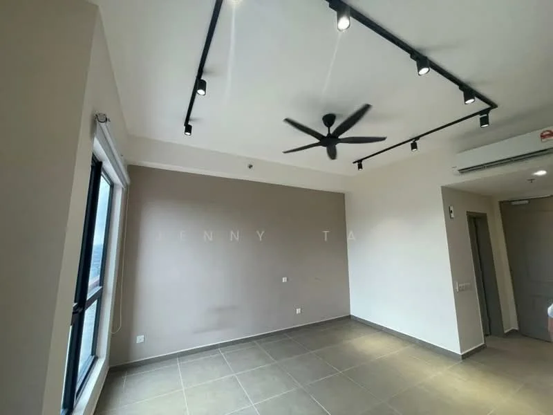 Room features: grey accent wall, white painted walls, tile flooring, 5-blade ceiling fan, recessed LED downlights, floor-to-ceiling windows, sliding glass door, neutral color scheme; style: modern; view: city.