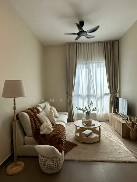 Living features: 3-seater fabric sofa in cream, decorative throw blanket in brown, decorative cushions in white, round coffee table in wood, TV console in wood, wall-mounted TV, area rug in beige, floor lamp with white shade, ceiling fan with light, floor-to-ceiling windows with sheer curtains, potted plant, decorative plant in basket; style: modern.