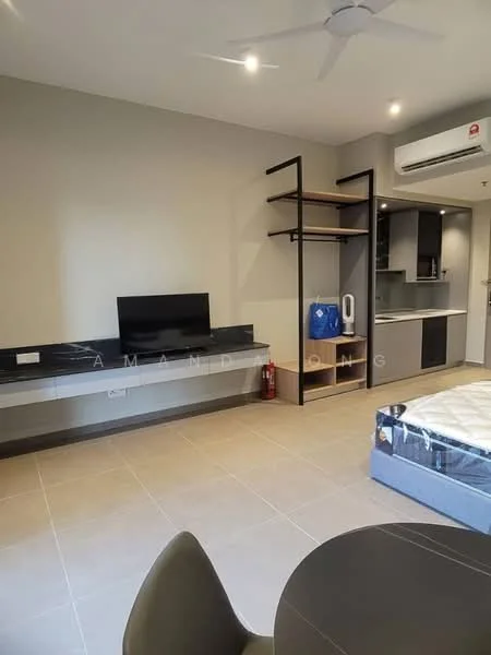 Living features: grey painted walls, tile flooring, ceiling fan, wall-mounted TV, black TV console, open shelving unit, built-in cabinetry, refrigerator, air conditioning unit, queen-size bed with mattress, round dining table, dining chairs; style: modern.