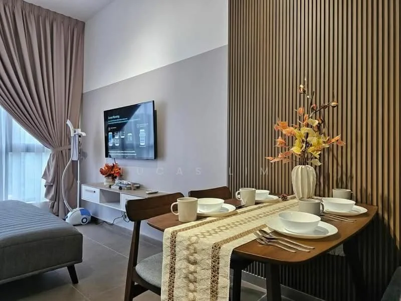 Dining features: wood dining table, 4 dining chairs, table setting with plates and cutlery, decorative vase with flowers, table runner, grey sofa, wall-mounted TV, curtains, textured wall panel, floor tiles, light source from window; style: modern.