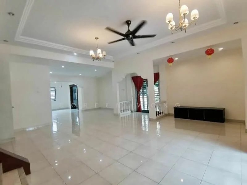 Living features: white painted walls, polished ceramic tile flooring, 5-blade ceiling fan, recessed downlights, chandelier, large windows with sheer curtains, red curtains, TV console, decorative wall with lanterns; style: modern. Dining features: white painted walls, polished ceramic tile flooring, recessed downlights, large windows, open layout to living area; style: modern.