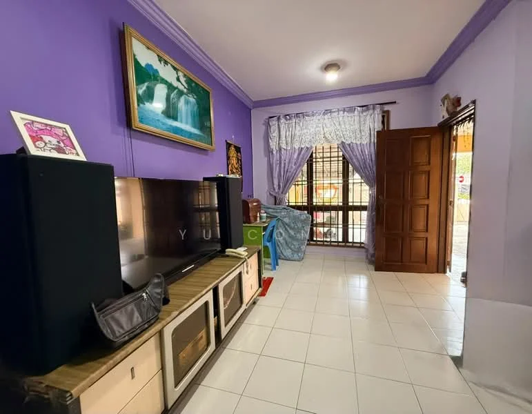 Living features: purple painted walls, white tiled flooring, large flat-screen TV, wooden TV console, framed artwork on wall, curtains with floral pattern, wooden door, window with security bars, decorative items on console; style: contemporary.