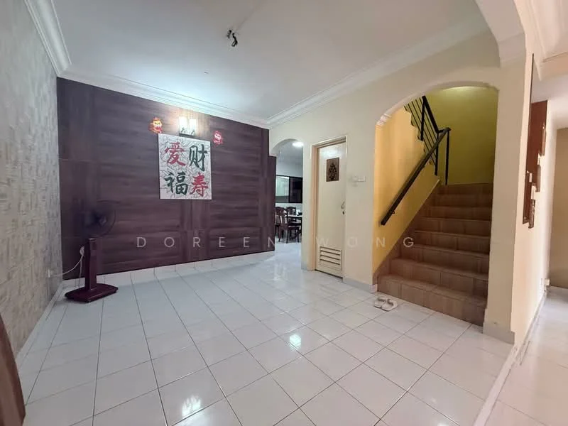 Room features: white tiled flooring, cream painted walls, wood panel accent wall, arched doorway, staircase with wooden railing, ceiling with crown moulding, wall-mounted fan, decorative wall art, doorway to kitchen, light fixture; style: modern.