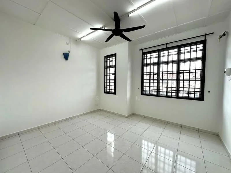 Room features: white painted walls, white ceiling, black ceiling fan, floor-to-ceiling windows with black frames, grey tiled flooring, LED strip lighting, window treatments not visible, no visible furniture or decor; style: minimalist.