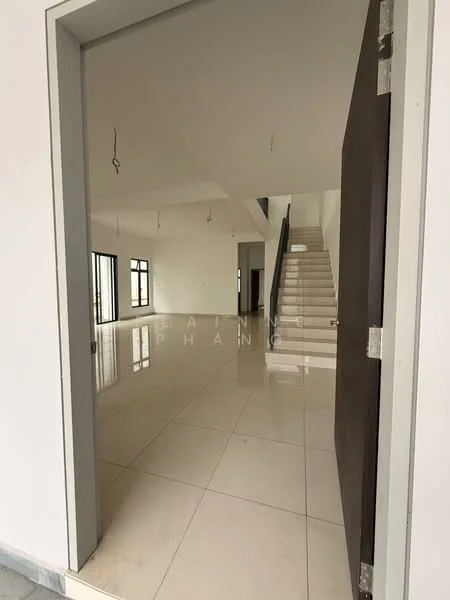Room features: white painted walls, glossy ceramic tile flooring, staircase with white risers, large windows, high ceiling, recessed ceiling lights, open layout, doorway leading to another room; style: modern.
