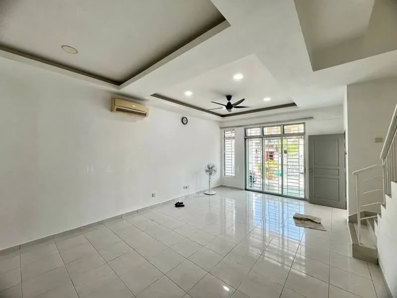 Living features: white painted walls, polished ceramic tile flooring, tray ceiling with recessed lighting, 5-blade ceiling fan, floor-to-ceiling windows, sliding glass door, window treatments not visible, air conditioning unit, clock on wall, decorative wall light, neutral color scheme, fan, open layout; style: modern; view: garden.