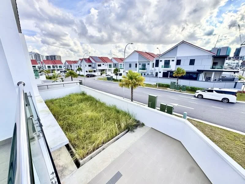 Exterior type: linked terrace house; features: white painted facade, red pitched tile roof, manicured lawn, paved walkway, surrounded by mature greenery, driveway with interlocking pavers, street view with parked cars, two-storey houses in the background; style: modern.