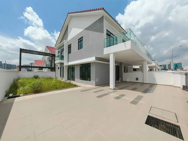 Exterior type: detached bungalow; features: white painted facade, grey accent wall, flat roof, approximately 2-storey, manicured lawn, paved walkway, glass balcony railing, outdoor terrace area, surrounded by greenery, city skyline view in background; style: modern.