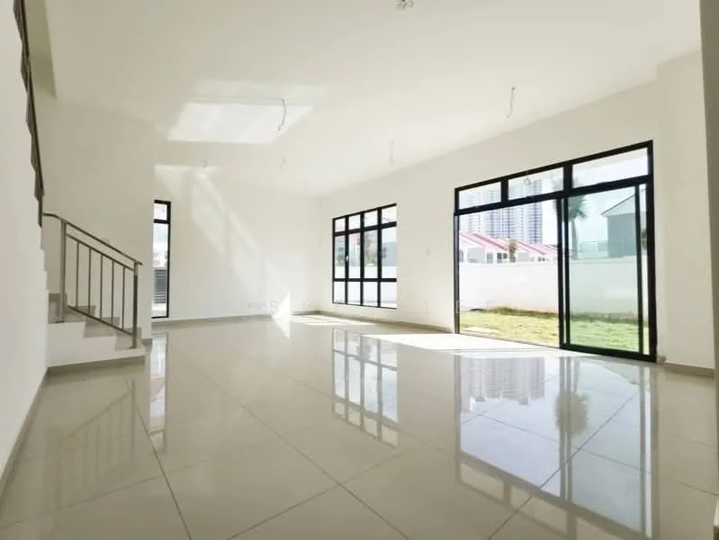 Living features: large floor-to-ceiling windows, white painted walls, polished ceramic tile flooring, high ceiling, natural light from windows, open layout, sliding glass door, view of garden; style: modern; view: garden.