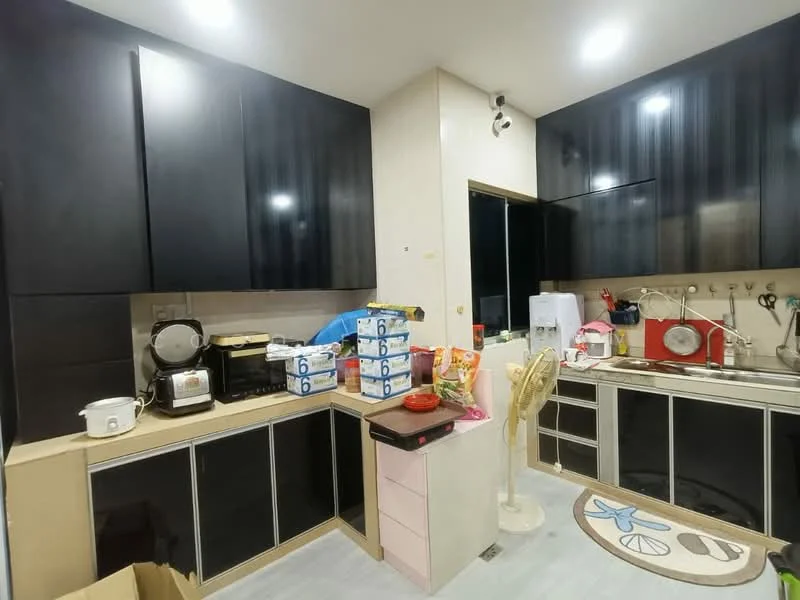 Kitchen features: black cabinetry, white countertop, stainless-steel sink, chrome faucet, built-in stove, microwave, rice cooker, toaster, kitchen appliances on countertop, floor mat with beach theme, wall-mounted ventilation, open shelving, refrigerator, multiple storage boxes; style: modern.