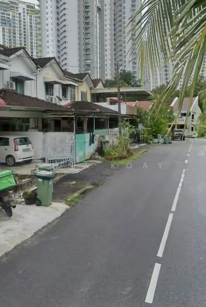 Exterior type: linked terrace house; features: two-storey linked terrace houses, white painted facade, brown tiled roof, front garden area, paved driveway, green garbage bin, parked vehicles, palm trees, surrounding high-rise buildings, residential street view; style: traditional.