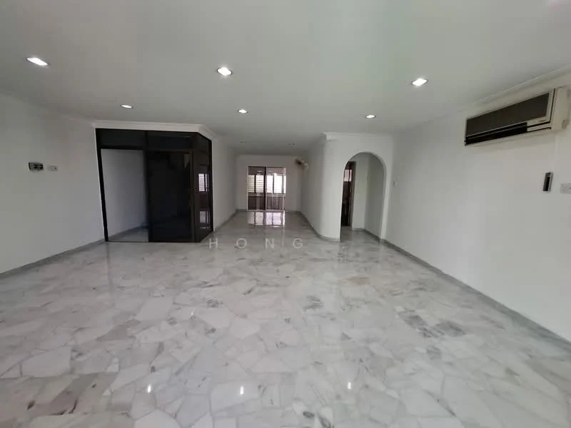Living features: marble flooring, white painted walls, recessed downlights, 1 wall-mounted split AC, arched doorway, large windows, open layout, neutral color scheme; style: modern.