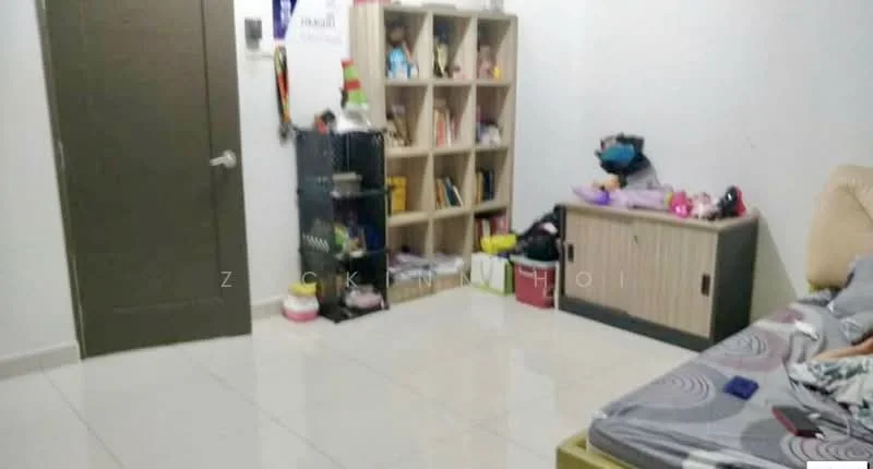 Bedroom features: white painted walls, glossy tile flooring, single bed with bedding, built-in wardrobe, open shelving unit, storage cabinet, decorative items on shelves, wall-mounted light switch.