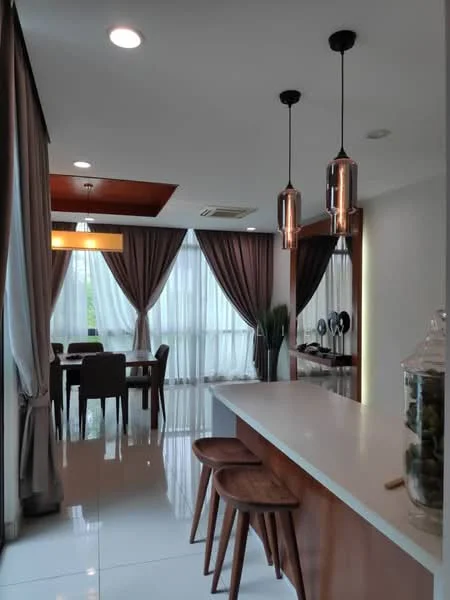 Dining features: white quartz countertop, wooden dining table, 4 upholstered dining chairs, pendant lighting with copper finish, recessed downlights, floor-to-ceiling windows, sheer curtains, dark brown curtains, wooden cabinetry, decorative plant in corner, polished tile flooring; style: modern; view: garden. Kitchen features: white quartz countertop, wooden bar stools, open layout, wooden cabinetry, recessed downlights; style: modern.