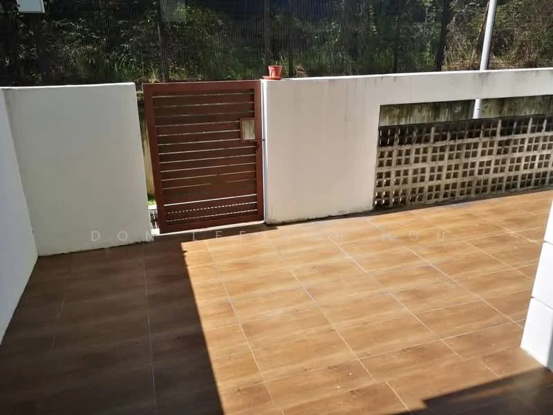 Room features: brown ceramic tile flooring, white painted walls, wooden gate, fenced perimeter, outdoor space, natural light.