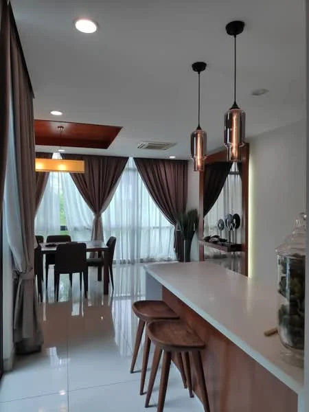 Dining features: white quartz countertop, wooden dining table, 4 upholstered dining chairs, pendant lighting with metallic finish, recessed downlights, floor-to-ceiling windows with sheer curtains, dark brown curtains, wooden ceiling feature, polished tile flooring, decorative plant in corner; style: modern.