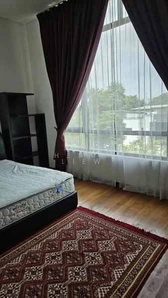 Bedroom features: queen-size bed, wooden flooring, floor-to-ceiling windows, sheer curtains, dark red heavy curtains, bookshelf, area rug with geometric pattern, decorative wall; style: modern; view: garden.