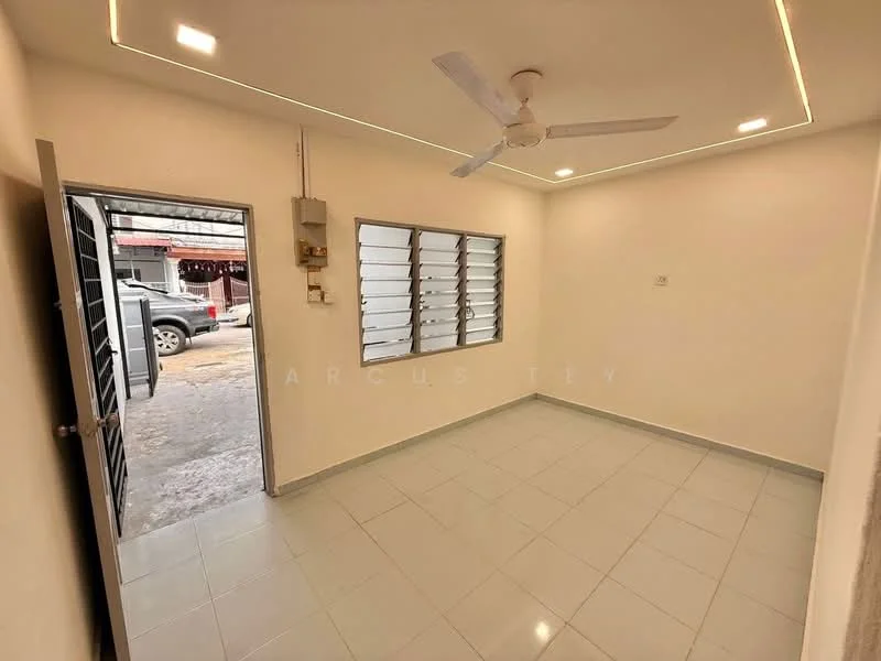 Room features: white painted walls, glossy ceramic tile flooring, recessed LED downlights, 5-blade ceiling fan with light, sliding windows, door leading outside; style: modern.