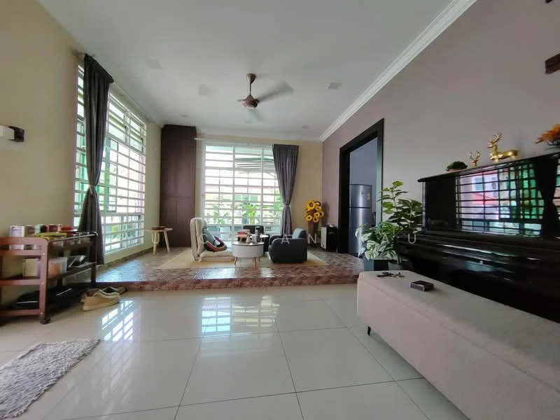 Living features: white painted walls, grey accent wall, polished tile flooring, 5-blade ceiling fan with light, floor-to-ceiling windows, sheer curtains, area rug with geometric pattern, potted plants, wooden coffee table, black piano, decorative wall shelf, sunflower decor; style: modern; view: garden.