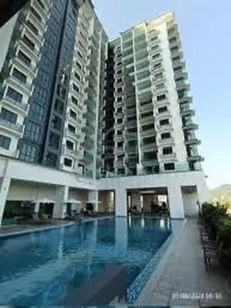 Exterior type: high-rise condominium; features: swimming pool, pool deck with loungers, glass curtain wall facade, balconies on upper floors, landscaped garden area, multiple storeys, modern architectural design; style: modern.